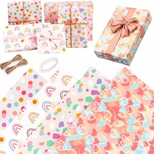 Pink Gift Wrapping Paper, Birthday Wrapping Paper for Girl w/Gift Tags, Rainbow Polka Dots Heart Gift Wraps for Birthday, Valentines Day, Christmas, Wedding, Baby Shower, 4 Sheets 27.5x19.6inch