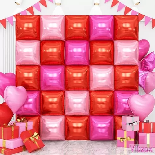 Pink Red Double Sided Square Foil Balloons Wall, 19 inch Chrome Hot Pink Red Foil Balloons Tunnel Arch Kit for Girl Birthday Strawberry Valentine Theme Party Wedding Mother's Day Decorations