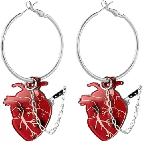 Punk Knife Acrylic Red Heart Hoop Halloween Dangle Drop Earrings for Women Fashion Gothic Dagger Long Chain Dangling Huggie Hoops Hypoallergenic Lightweight Jewelry Party Gift
