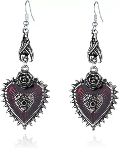 Punk Rock Bat Gothic Evil Eye Red Heart Earrings for Women Halloween Cosplay