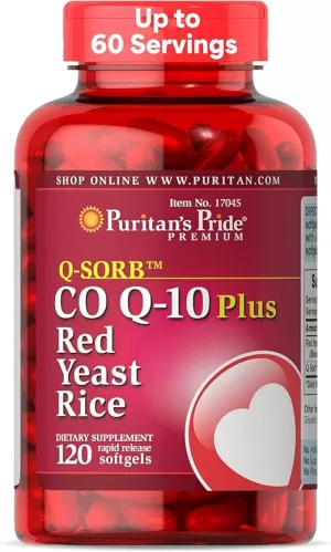 Puritan's Pride Q-Sorb™ Coenzyme CoQ10 Dietary Supplement for Heart Health, Blood Pressure, Oral Gum Health, and Healthy Aging Support, Plus Red Yeast Rice, 120 Rapid Release Softgels