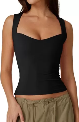 QINSEN Women's Sexy Sweetheart Neck Sleeveless T Shirts Double Lined Tees Slimming Fit Tops
