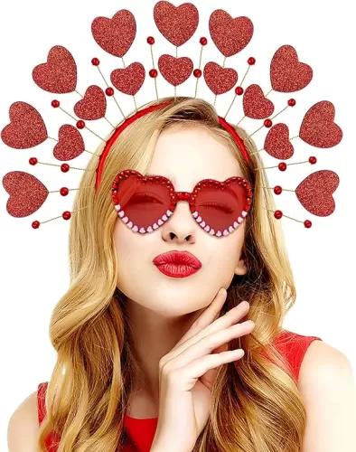 Red Heart Headband Valentines Day Headband and Heart Sunglasses with Red Pink Heart Gems Rhinestones for Women Girls Goddess Halo Crown Heart Headpiece Halloween Cosplay Wedding Headwear