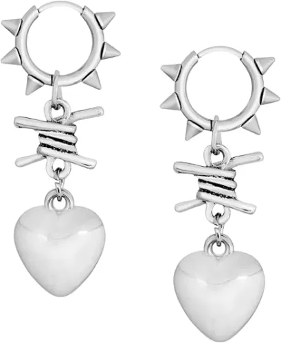 Sacina Silver-tone Spiked Barbed Wire Heart Hoop Earrings, Gothic Emo Punk Grunge Y2k Earrings, Goth Jewelry, Christmas Jewelry Gift for Women