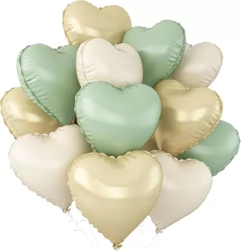 Sage Green Gold Heart Balloons, 12Pcs Light Gold Heart Shaped Foil Balloons, 18Inch Cream White Helium Polyester Film Balloon for Baby Shower Birthday Anniversary Wedding Party Decorations