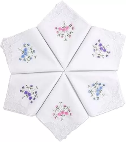 Selected Hanky Women's Cotton Handkerchiefs Flower Embroidered with Lace, Ladies Hankies 6 Pcs - Assorted