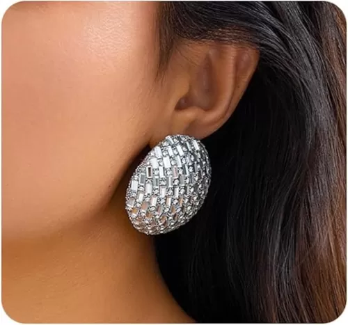 Silver Rhinestone Teardrop Earrings for Women Exaggerated Shiny Round Heart Earrings Punk Geometric Crystal Stud Earrings Statement Jewelry Gift