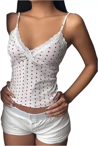 SOLY HUX Women's Lace Trim Heart Print Cami Crop Top V Neck Spaghetti Strap Casual Tops
