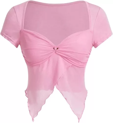 SOLY HUX Women's Summer Asymmetrical Hem Mesh Crop Tops Sweetheart Neck Cap Sleeve Slim Fit T Shirt