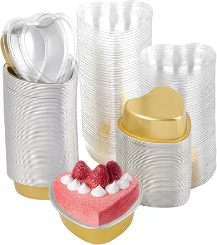 SOUJOY 100 Pieces Heart Shaped Baking Cups, 3.4 oz Aluminum Foil Cake Pan with Lids, Disposable Pudding Muffin Cupcake Ramekin for Valentine Mother