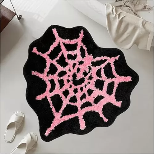 Spider Web Bath Mat, 24×24" Halloween Bathroom Rugs Non Slip Washable, Black Heart Bathroom Rugs Cute Bath Mat Area Rugs Spider Rug for Front Door, Bedroom, Living Home