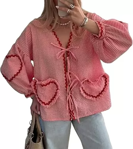 Tie Front Tops for Women Gingham Babydoll Bow Top Puff Sleeve Coquette Tops Heart Long Sleeve Cute Spring Tops