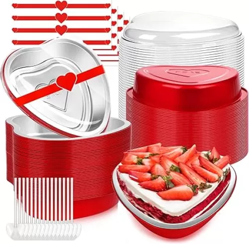 TWOWYHI 24 Sets Heart Shaped Cake Pans with lids 22oz Aluminum Foil Heart Cake Pans with Lids Spoon Stickers Disposable Cupcake Cup Baking Cups