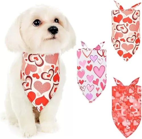 Valentine's Day Dog Bandanas, 3 Pack Triangle Dog Scarf Heart Love Pattern, Pet Bandanas with Different Hearts for Small Medium Large Dogs Cats, Pets Birthday Party Supplies