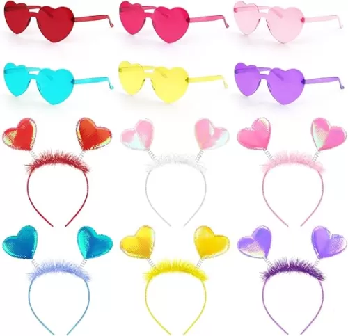 Valentines Day Heart Headband and Heart Glasses, 6 Pcs Each, Costume Cosplay Accessories for Kids Adults, Party Supplies, Romantic Gift