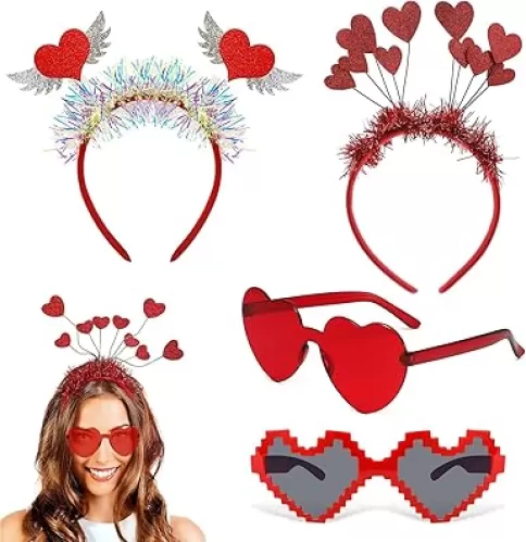 Valentine's Day Heart Shaped Headbands，4 Piece Sparkling and Stylish, Ideal for Party Glasses，Valentine's Day