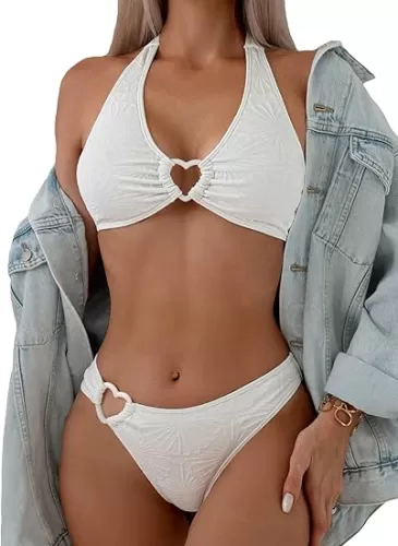 Verdusa Women's 2 Piece Swimsuit Heart Shaped Ring Decorated Halter Bikini Swimwear Set White Medium