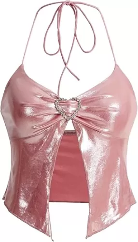 Verdusa Women's Y2K Tops Heart Rhinestone Backless Ruched Cami Asymmetrical Split Crop Halter Top