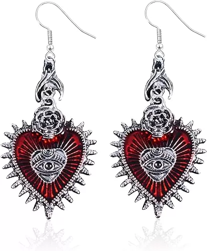 Vintage Goth Punk Rock Bat Gothic Eye Red Heart Drop Dangle Earrings for Women Halloween Cosplay Jewelry