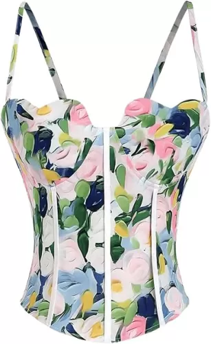 WDIRARA Women's Floral Print Heart Shaped Bustier Corset Cami Top Boho Slim Fit Camisole