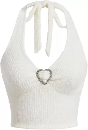 WDIRARA Women's Heart Ring Detail Solid Halter Tank Tops Ribbed Knit Strapless Sleeveless Tube Slim Fit Crop Tee