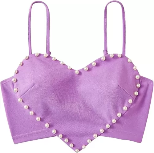 WDIRARA Women's Pearls Sleeveless Asymmetrical Hem Heart Crop Cami Top Sexy Camisole