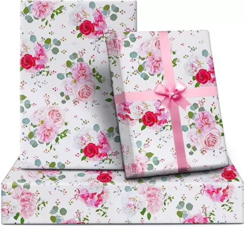 Wedding Wrapping Paper and Ribbon Set for Girls Women, 6 Folded Sheets Pink Red Rose Design, 20 x 28 inch Gift Wrap Paper for Floral Bridal Shower Engagement Wedding Birthday Party Anniversary
