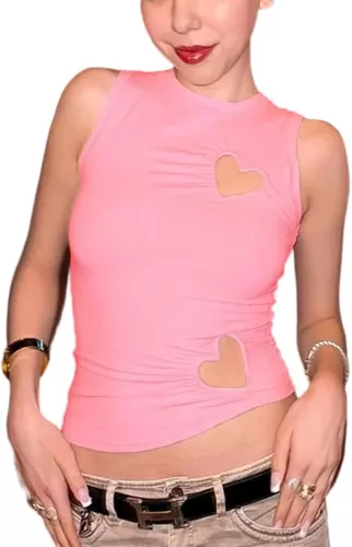 Women Y2K Round Neck Heart Shape Cut Out Crop Tank Top Sexy Sleeveless Ruched Asymmetrical Hem Cropped Cami Shirt