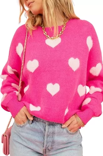Women's Bright Pink Fuzzy Valentine Hearts Drop Shoulder Sweater Casual Heart-Shaped Long Sleeve Pullover Tops
