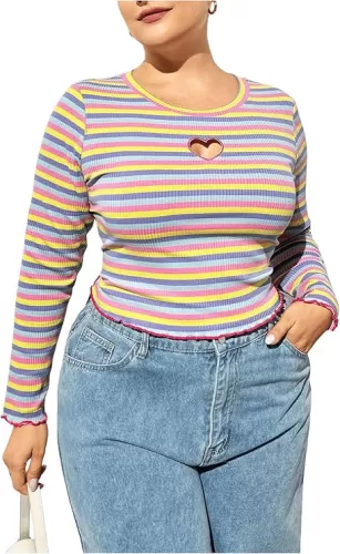 Women's Plus Size Rainbow Stripes Heart Shaped Cutout Shirt Long Sleeve Lettuce Trim Crew Neck Crop Top