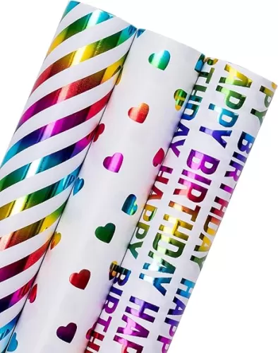 WRAPAHOLIC Heart Wrapping Paper Roll - Mini Roll - 3 Rolls - 17 inch x 120 inch Per roll - Colorful Foil Birthday Wrapping Paper for Valentine