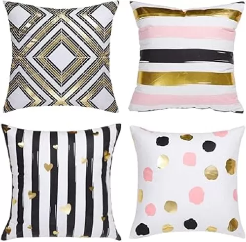 XYWHPGV Pack of 4 Black and Gold Throw Pillow Case Bronzing Flannelette Home Pillowcases Throw Pillow Cover Striped Heart Design Rock Punk Neoclassical Style 18x18 Inches(b311d 15f11 c406a 819e0 1fae0