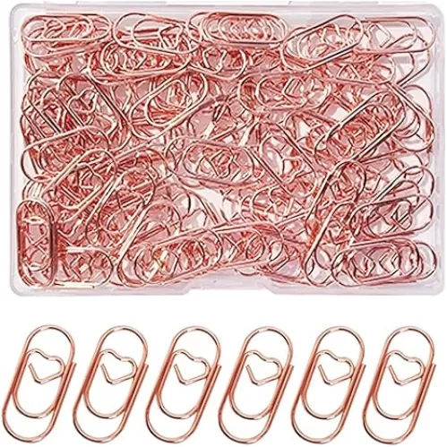 100 Pack Love Heart Shaped Paper Clips, Mini Paperclips Papers, 0.8inch Small Paper Clips for Office School Home Desk Organizers (Rose Gold)