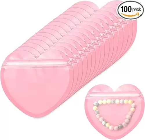 100 Pcs Heart-Shaped Jewelry Bags Small Jewelry Bags Pink Resealable Ziplock Bags Clear Plastic Jewelry Organizer Cute Packaging Supplies for Small Business Earring Sample Valentine