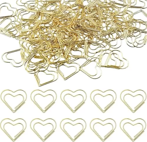 100 Pcs Heart Shaped Paper Clips Cute Decorative Fancy Mini Small Paperclips for Wedding Decoration Office School Home Desk Organizers Supplies Gold