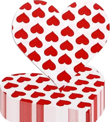 100 Pcs Valentine's Day Heart Love Napkins Bulk 3 Ply Heart Shaped Party Supplies Beverage Napkins Disposable Paper Cocktail Napkins for Wedding Party, 6.5 x 6.5 Inch (Red)