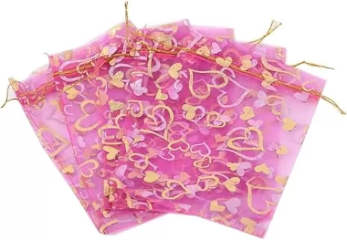 100PCS 5'' x 7''/13cm x 18cm Heart Printed Organza Drawstring Bags Gift Packing Pouches Sample Display Tulle Pockets Wrapper Bathroom Organizer for Candy Jewelry (Rose Red)