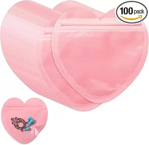 100pcs Heart Shaped Bag Jewelry Gift Small Bag Clear Mylar Baggies Cute Mini Packaging Supplies for Earring, Jewelry, Small Trinkets, Small Accessories(Pink)
