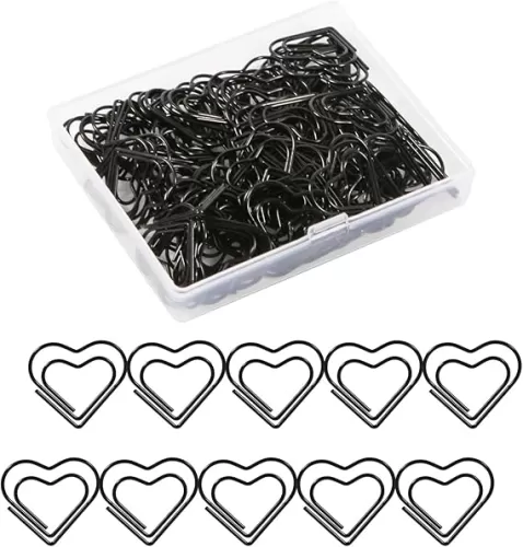 100pcs Mini Paper Clips, Cute Love Heart Paper Clips Stainless Steel Metal Paper Clips Small Bookmarks for Sorting Organizing Crafts Papers Kids Office School Home Use (Black)