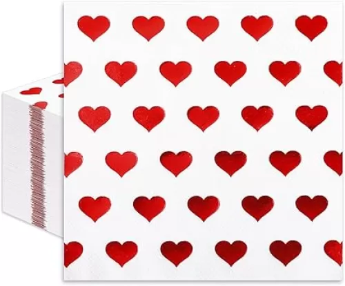 100Pcs Valentine's Day Cocktail Napkin Red Foil Heart Disposable Napkins Love Heart Paper Beverage Napkin For Valentine's Day Wedding Party Decor