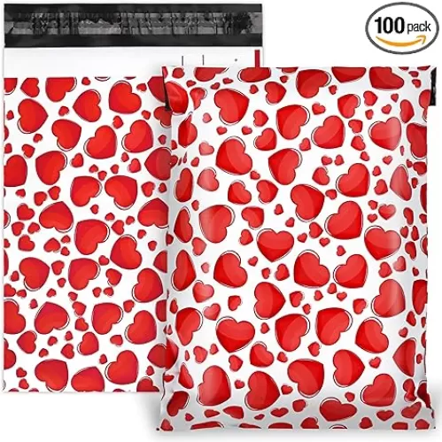100Pcs Valentine’s Day Poly Mailers 10 x 13Inch Red Hearts Packing Bags with Self Sealing Decorative Sweet Holiday Bag Envelopes for Small Business Boutique Clothing