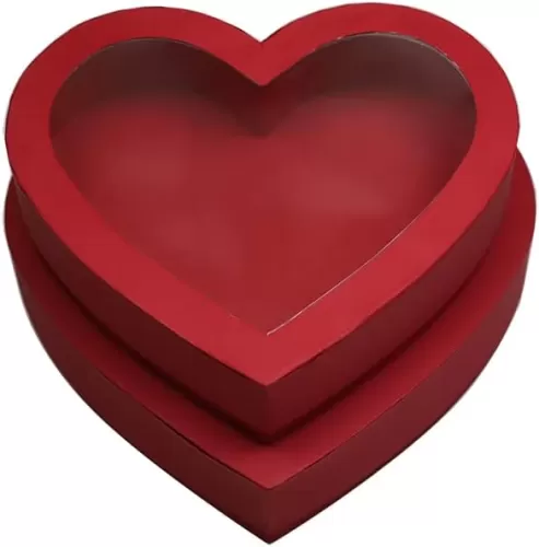 10"Cardboard Heart Shaped Mache Flowers Packaging Strawberries Sweets Gift Box with Clear Lid Set of 2(L/M) (Red, Heart Shaped)