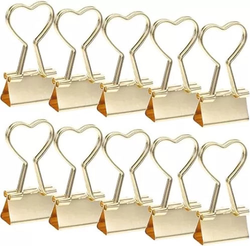 10pcs Heart Shape Binder Clips Gold Metal Binder Clips with Heart Shaped Handle Cute Paper Clamps Paperclips Bookmarks Invoice Bill Clip for Office Home School