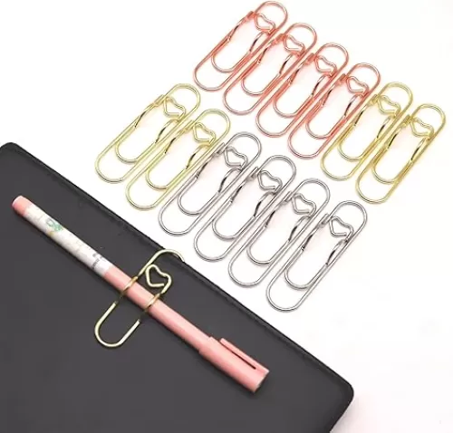12 Pcs Metal Pen Holder Clips for Notebook, Planner Accessories, 2.8-Inch Jumbo Heart Paper Clips