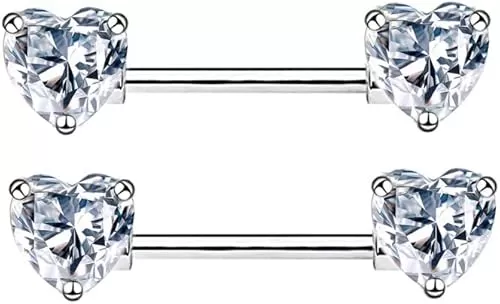 14G Dainty CZ Love Heart Nipple Rings Tongue Ring Surgical Steel Nipple rings Piercing Women Barbells 2Pcs 25/8"(16mm)