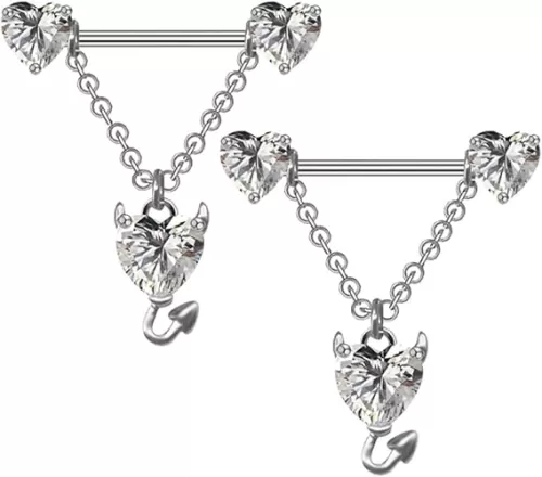 14G Devil Heart Dangle Nipple Rings for Women Girls Stainless Steel Sparkling CZ Love Heart Ball Chain Dangling Nipplerings Nipple Studs Piercing Barbell Body Jewelry