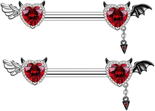 14G Devil Heart Nipple Rings for Women Red Cubic Zirconia Stainless Steel Nipplerings Bat Wings Nipple Barbell Shield Studs Halloween Body Piercing Jewlry