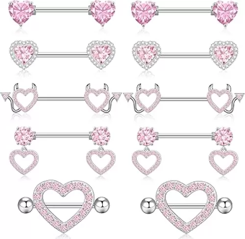14G Nipple Rings 5-8 Pairs Stainless Steel Nipple Niercing Jewelry Heart Dangle Barbell Tongue Rings Set Cute Pink CZ Nipple Jewelry