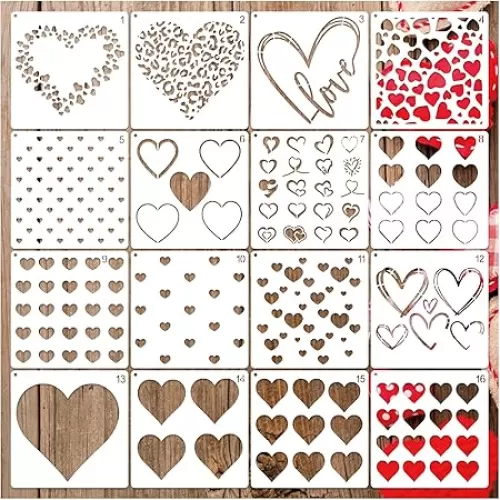 16 Pieces Heart Stencils for Crafts Reusable Mixed Media Geometric Stencils for Painting on Canvas Scrapbook Paper Fabric Pillows Card Making (16 Heart)