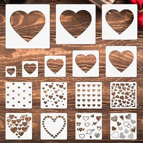 16Pcs Heart Shaped Stencils Assorted Stencils Reusable Love Heart Plastic Drawing Painting Template for Mother's Day Valentine's Day DIY Art Craft Painting on Wood